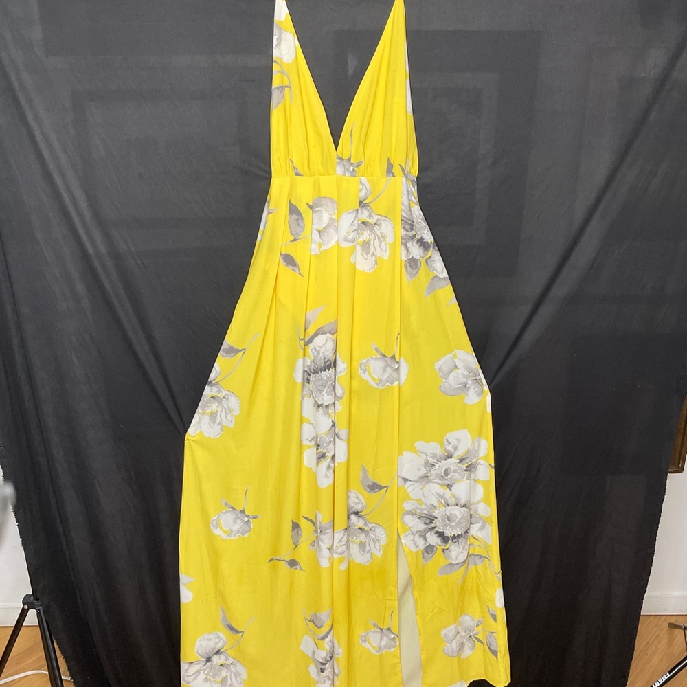 Shareen Yellow Floral Plunging Neck + Backless Dress